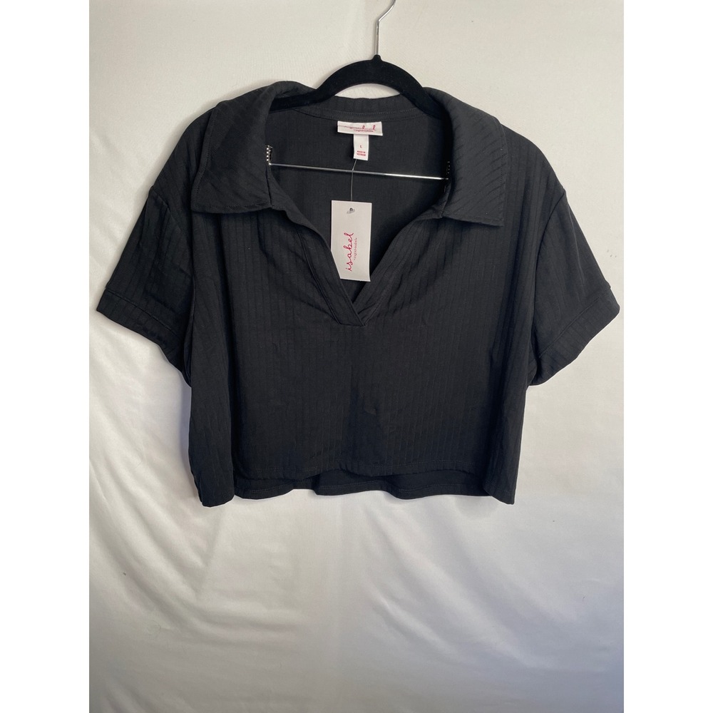 Isabel Maternity by Ingrid & Isabel Black Ribbed Short Sleeve Polo Top Large NWT